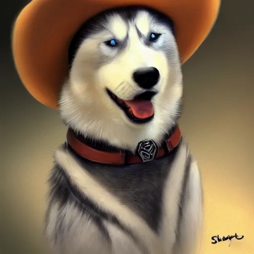 Image similar to a portrait painting of a husky in cowboy costume, wearing a cowboy hat, by [ studio ghibli ], trending on artstation