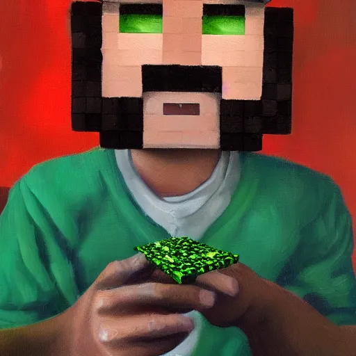 Image similar to minecraft steve smoking weed, 4 k, oil painting