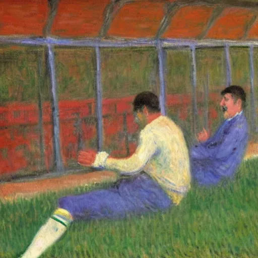 Prompt: monet painting of a man watching a soccer game, he is laughing deliriously, highly detailed, realistic,