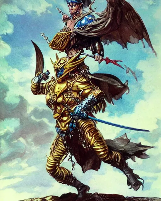 Prompt: a badass fantasy pidgeon wearing ritual golden armor by frank frazetta, larry elmore, jeff easley and ross tran