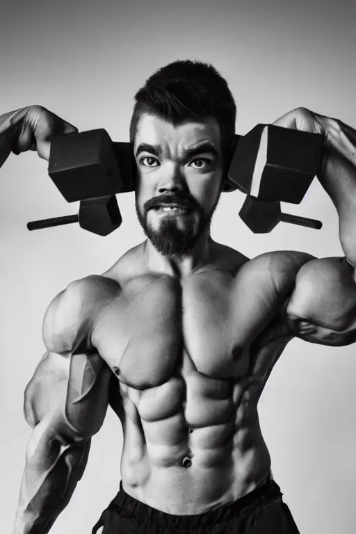 Image similar to Jacksepticeye is a jacked muscle builder gigachad, grayscale photography