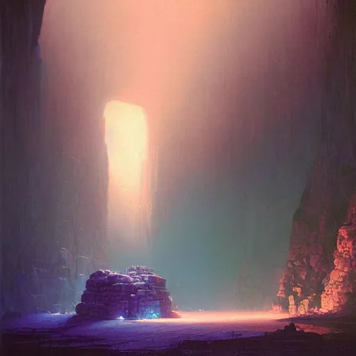 Image similar to a beautiful painting of a dimly lit cave dungeon with blue and purple sources of light by bruce pennington, trending on artstation