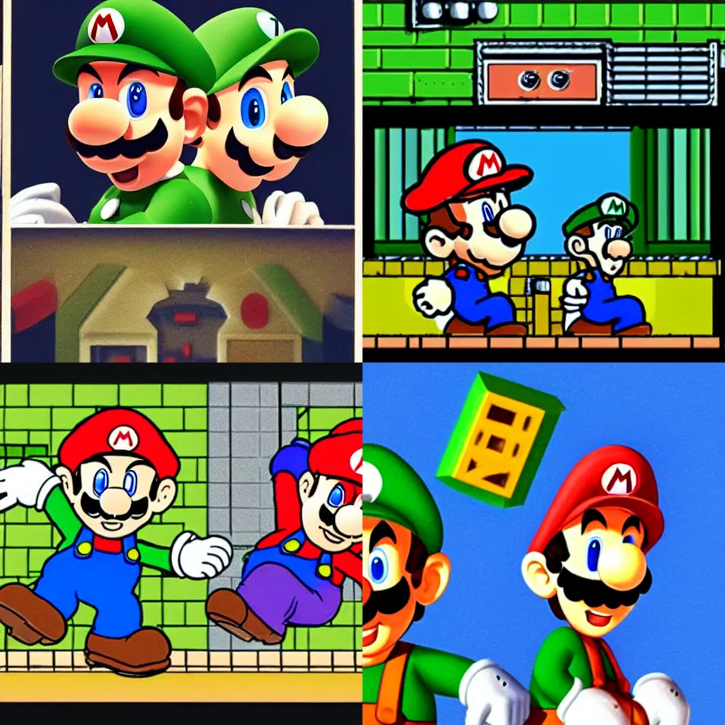 Prompt: Mario and luigi sitting in a dark room, they are playing a SNES