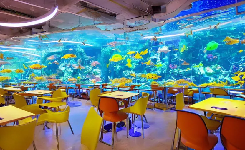 Image similar to inside a fastfood fish restaurant, fluorescent light, bright, atlantis theme, a giant aquarium on the wall