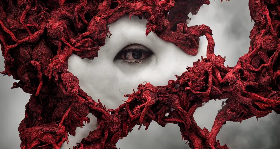 Image similar to a volcano made of ivory vines and crimson rocks enters in eruption, it spits a smoke in the shape of demonic eye, by Kirsty Mitchell