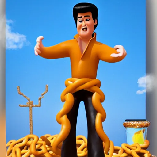 Image similar to elvis presley with legs made from pretzels!!!!, pixar character, stage background, pixar, 3 d,