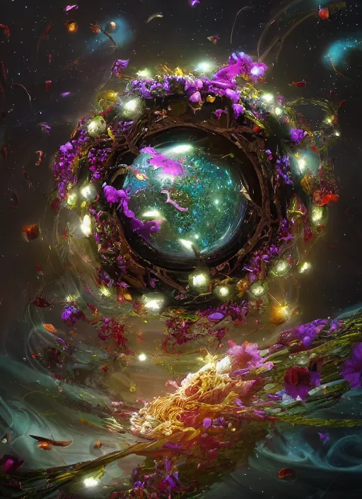 Image similar to An epic fantastic realism comic book style painting of the most beautiful spiraling entwined flowers launched exquisitely across the dark spinning universe, floating bouquets, fisheye, perfect shiny iridescent silver spheres, unreal 5, DAZ, hyperrealistic, octane render, dynamic lighting