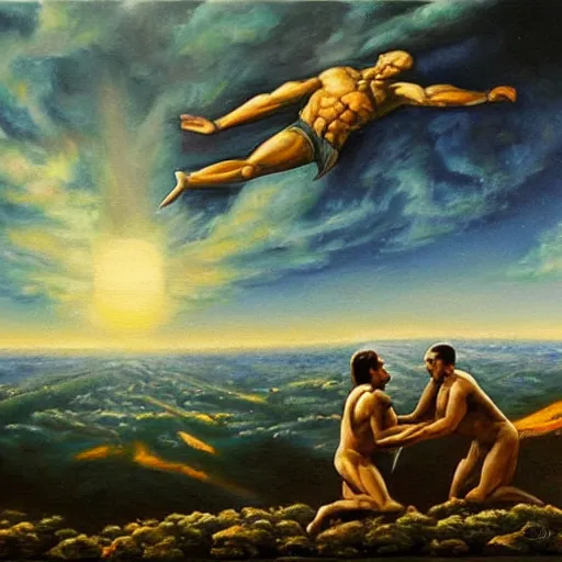 Image similar to masterful oil painting, of god arm wrestling a grey alien in the sky, background of the earth below them