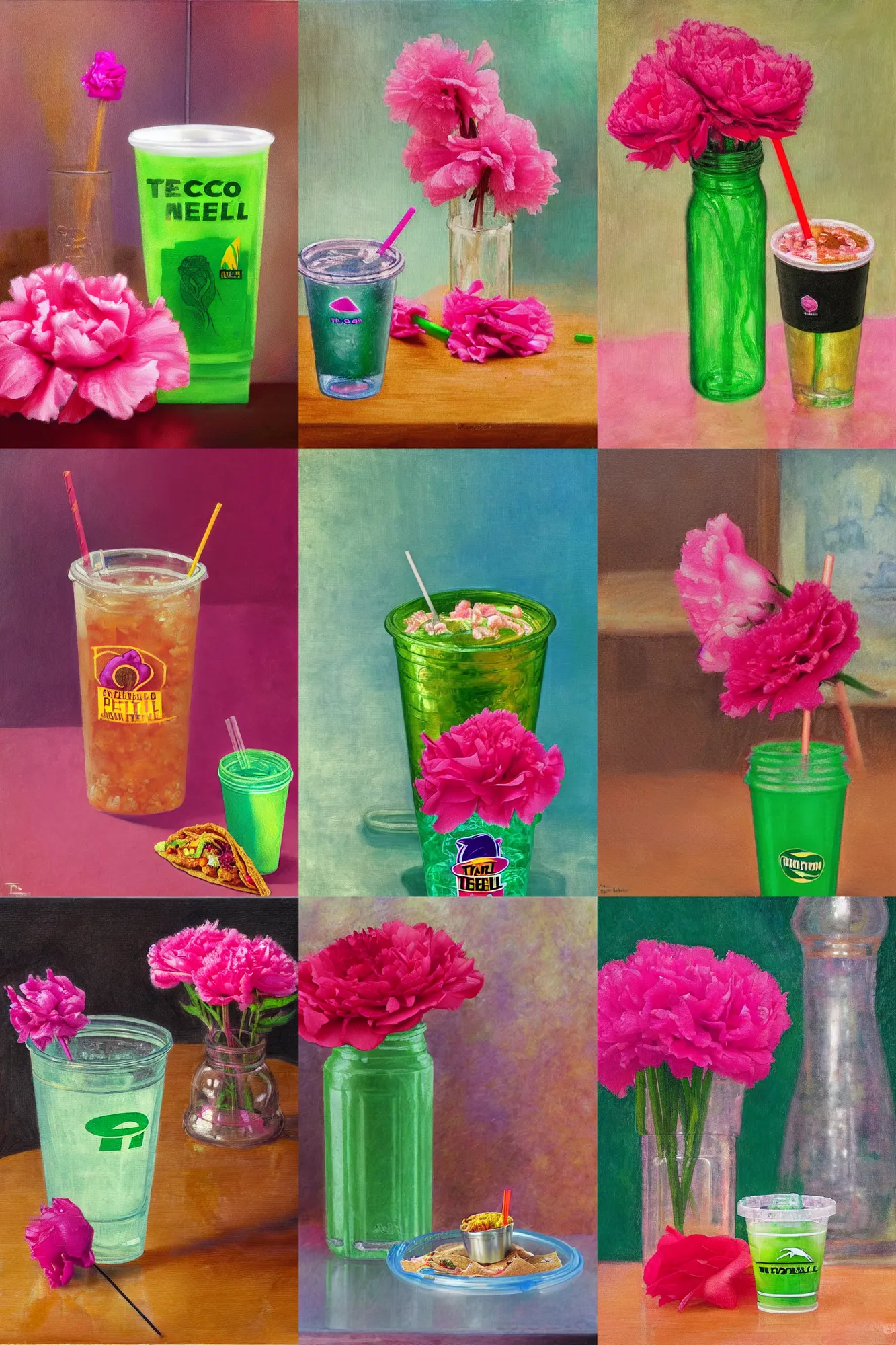 Prompt: taco bell meal with mountain dew in a clear plastic cup with straw next to a single pink carnation in a glass jar in front of brown background, oil painting, impressionism, negative mood, low energy