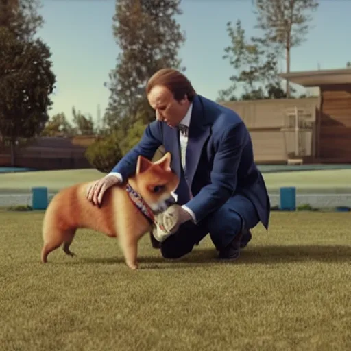 Prompt: Saul Goodman playing with a pomerania dog, open shot, movie still, outdoors, photorealistic, clean, detailed