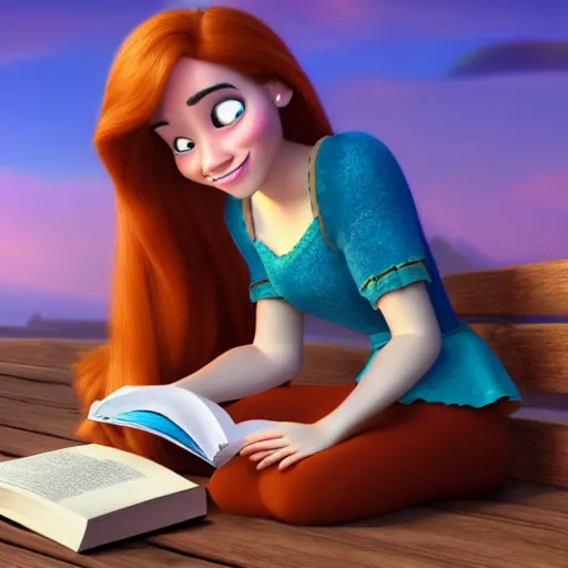 Prompt: young woman with red hair reading a book in a still from disney's tangled. beautiful animation character art, high quality, detailed face