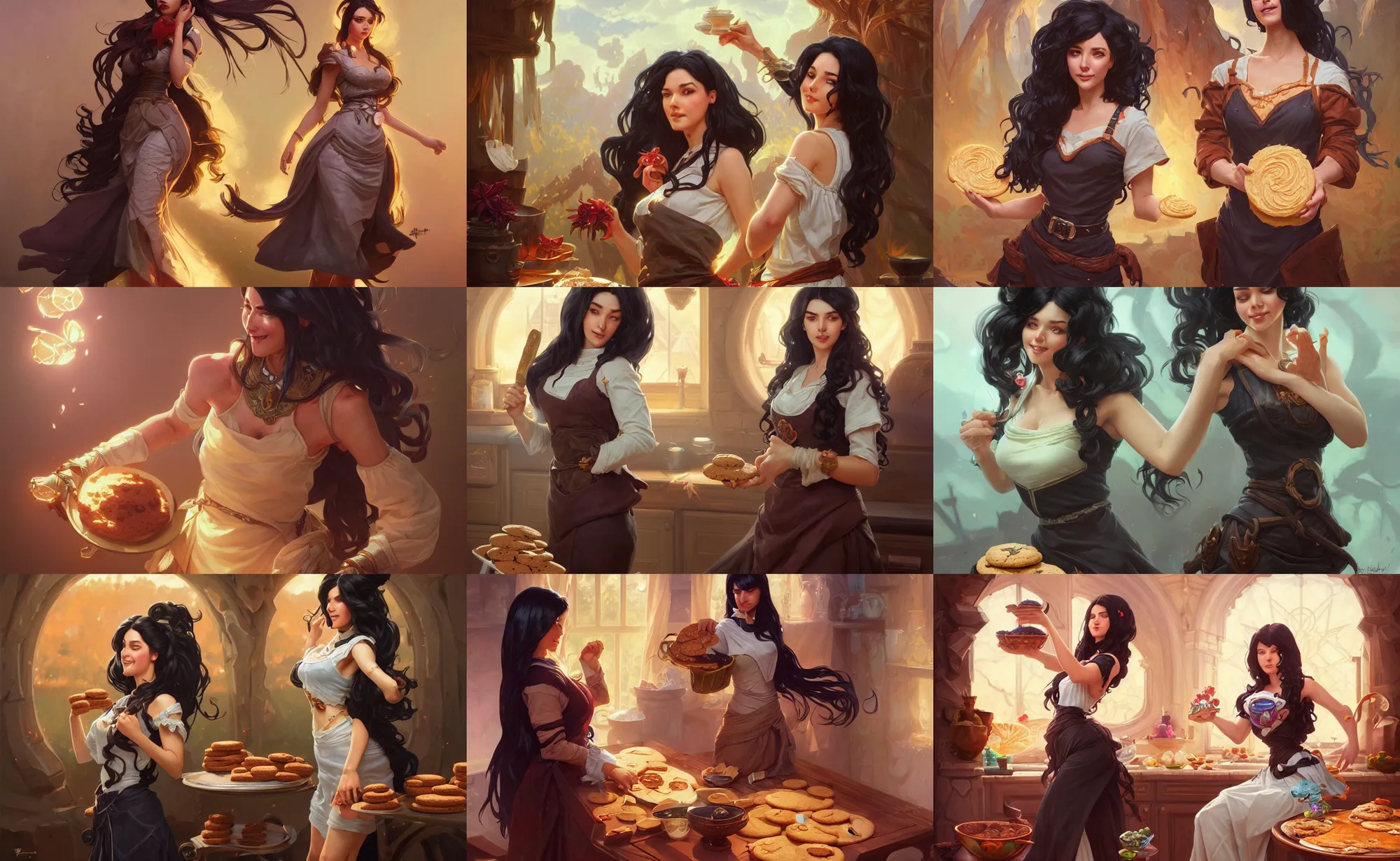 Prompt: cheerful older sister with long voluminous black hair baking cookies, full body shot, intricate, highly detailed, digital painting, artstation, concept art, matte, sharp focus, illustration, hearthstone, art by artgerm and greg rutkowski and alphonse mucha