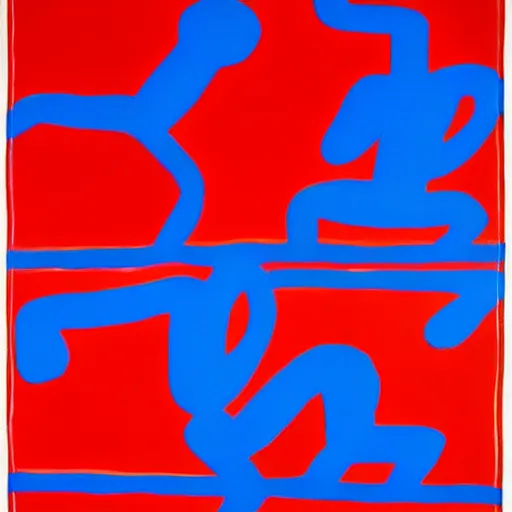 Image similar to acrylic abstract painting using primary red and blue on canvas, by keith haring and andy warhol