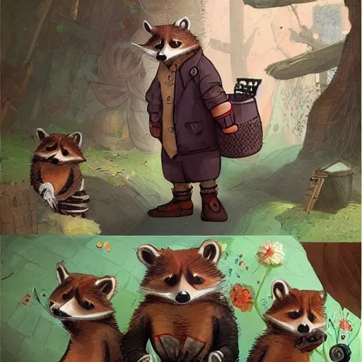 Image similar to Frank Dillane petting raccoons, comical, funny, cute, cartoon, digital painting, old english, whimsical background by marc simonetti, artwork by liam wong