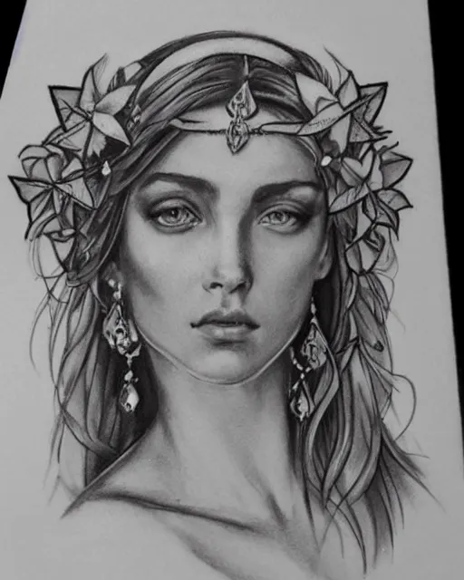 Image similar to realism tattoo sketch of a beautiful greek goddess aphrodite with piercing eyes wearing a laurel wreath and triangle earrings, in the style of greg rutkowski, amazing detail