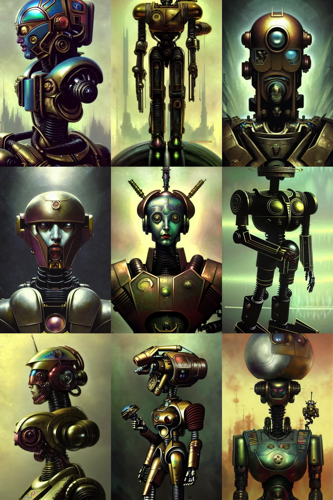 Prompt: props assets futurist cyborg emperor, warhammer 4 0 k, perfect future, award winning art by santiago caruso, inspire by astro boy, iridescent color palette, beautiful face, by wlop and karol bak and bouguereau and viktoria gavrilenko, 1 9 5 0 s retro future robot android. muted colors