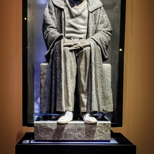 Prompt: a granite statue of snoop dogg, inside of a large glass display inside of a museum, photograph