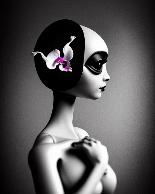 Image similar to surreal mythical dreamy dark artistic black and white fine art 3 / 4 fashion portrait photo of a young beautiful delicate female robot - owl with orchid - doll face, rim light, cinematic, studio dramatic light, poetic, masterpiece, octane render, 8 k, photo - realistic by gustave dore hg giger and man ray