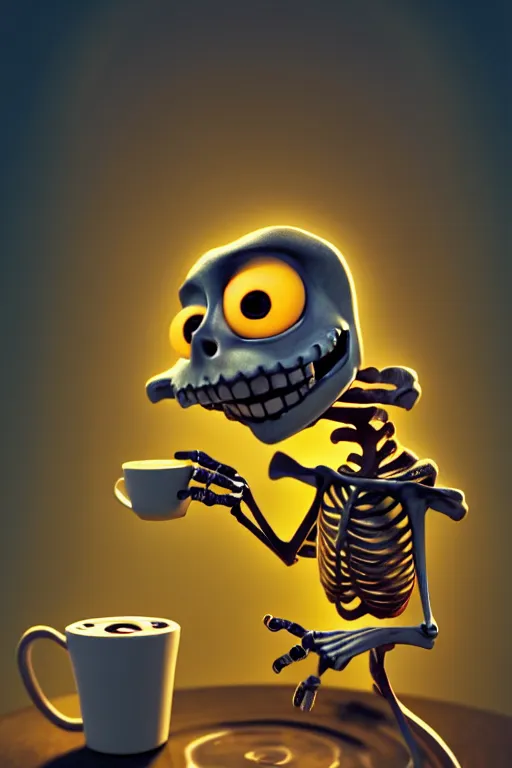 Image similar to a small skeleton character with big round eyes holding a cup of coffee on a cemetery at night. pixar disney 4 k 3 d render movie oscar winning trending on artstation and behance. ratatouille style.