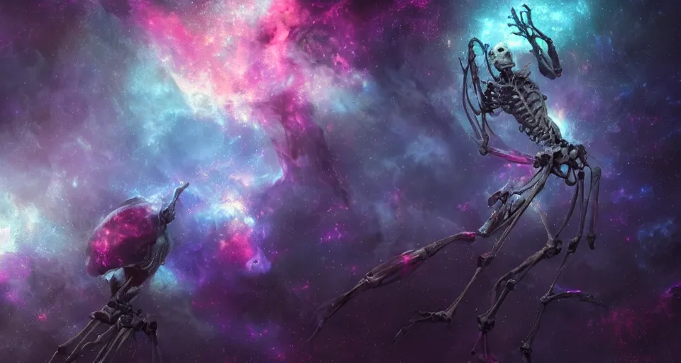 Image similar to a photo of one enormous humanoid pearlescent!! made of smoke!! skeletal cosmic!! old god!! floating in space!! in a nebula!!!!, 4 k, unreal engine, concept art, matte painting, cosmic horror!!, nightmare, color accents,