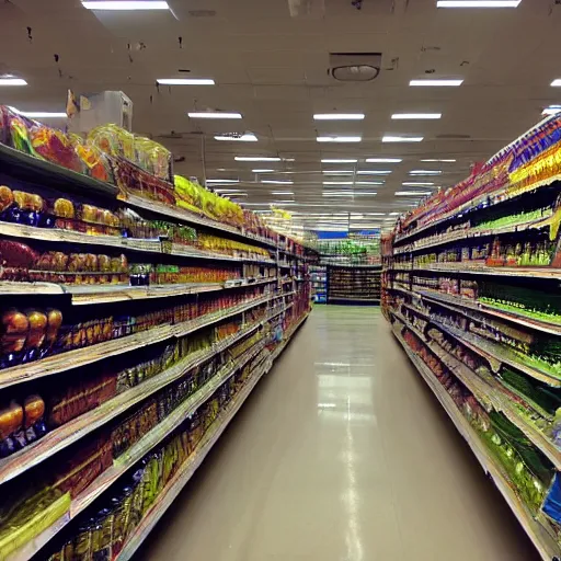 Image similar to photo of a grocery store interior, the aisles is flooded with two meters deep water. eerie, volumetric lighting.