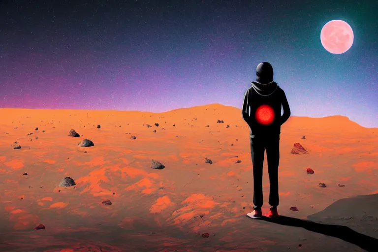 Image similar to a sad human standing on mars in the style of flooko, acrylic art, detailed, moonlight, red lighting, bokeh, synthwave, psychedelic, glitch, neon,