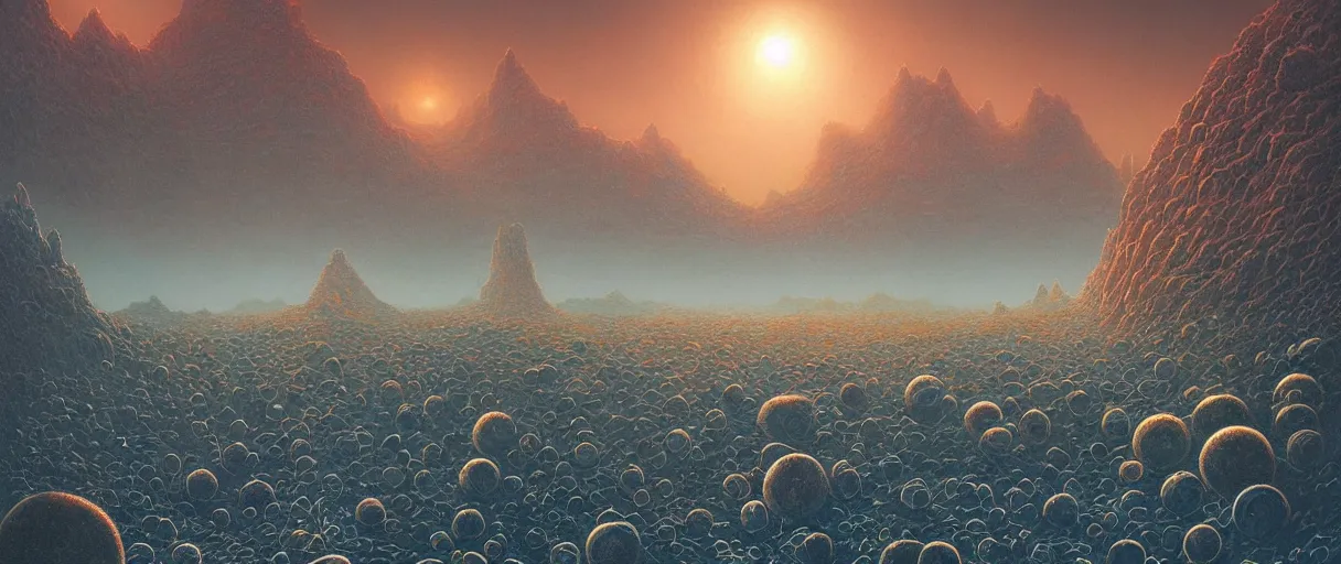 Prompt: detailed hyper realistic landscape of a harsh barren exoplanet with tall slender crystalline lifeforms, beautiful dramatic moody lighting, cinematic atmosphere, by Jean Giraud, Alex Grey, Zdzislaw Beksiński, Dan Mumford, Patiphan Sottiwilaiphong, Yintion J - Jiang Geping