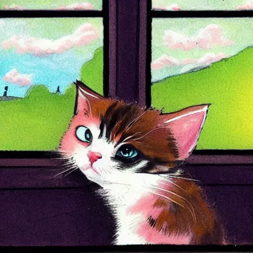 Prompt: cute calico kitten looking out of the window on a [ [ [ [ beautiful ] ] ] ] summer day, storybook art, detailed, cute, profile shot, featured on artstationg, gorgeous!!!