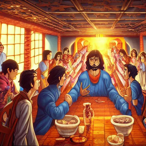 Image similar to the last supper in a mexican restaurant, by dan mumford, yusuke murata, makoto shinkai, ross tran, cosmic, heavenly, god rays, intricate detail, cinematic, 8 k, cel shaded, unreal engine, featured on artstation, pixiv