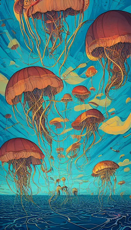 Prompt: The land of the jellyfish, italian futurism, Dan Mumford, da vinci, Josan Gonzalez