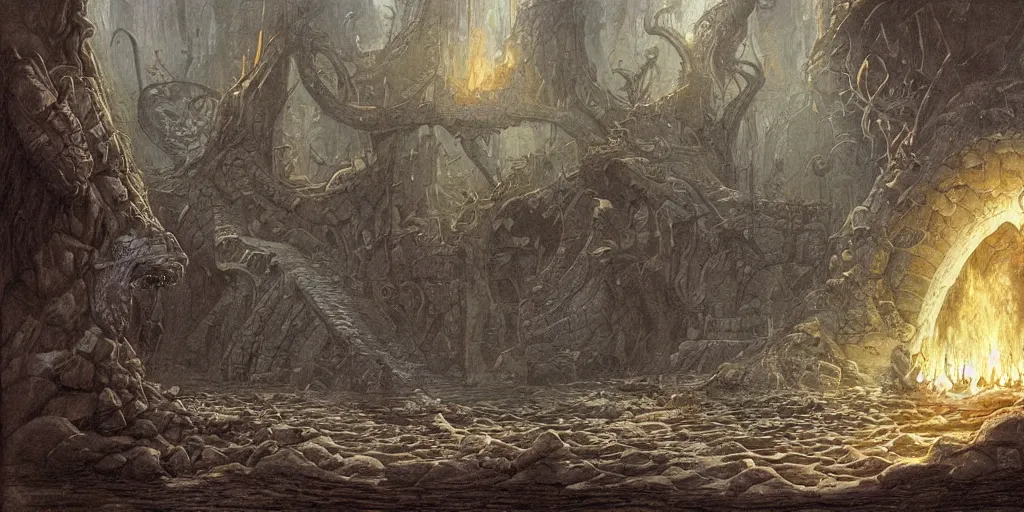 Image similar to art by john howe of the repelling of invaders by making a deal with the devil and finding a secret underwater entrance.