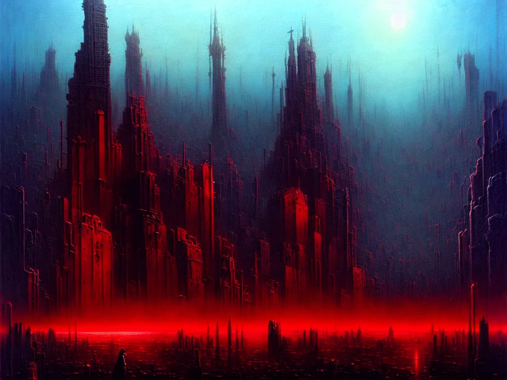 Image similar to an epic cityscape painting of a nightmarish hellscape full of cosmic horrors, by zdzisław beksinski and greg rutkowski, wall street, horror, surreal, cyberpunk, dark, vivid, red, blue, oil on canvas, neon lights, epic, organic