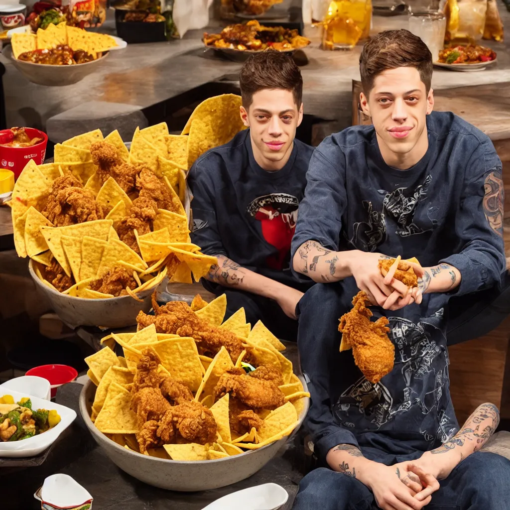 Image similar to pete davidson sitting in a bowl of nice fried chicken and nachos