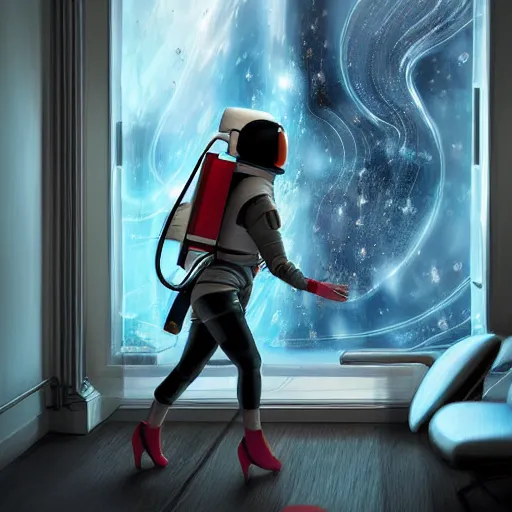 Image similar to astronaut enters the young woman's apartment, digital art, epic composition, highly detailed, cinematic lighting