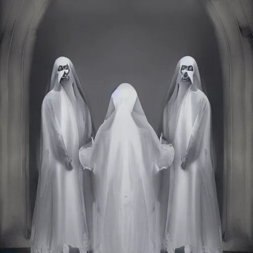 Image similar to award winning photo Floating twin nuns wearing translucent habits Very long arms, in a sanctuary, eerie, frightening —width 1024 —height 1024