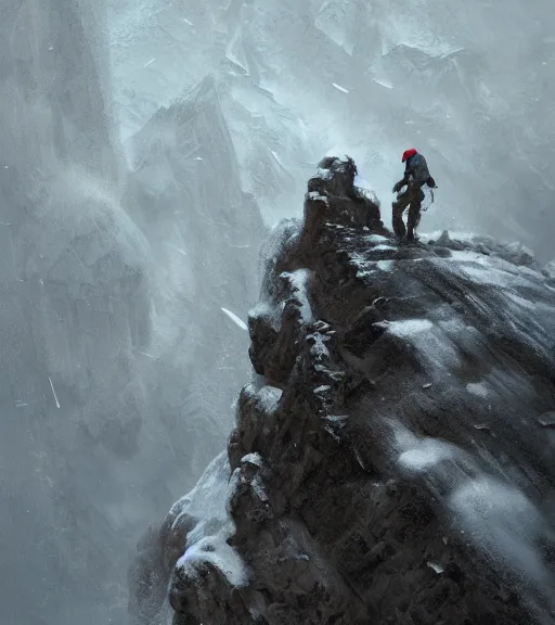 Image similar to a climber climbs a snowy mountain in a storm, close view, painting by craig mullins, octane rendering, soft morning lighting, wide angle lens, in the style of hayao miyazaki, trending on artstation,