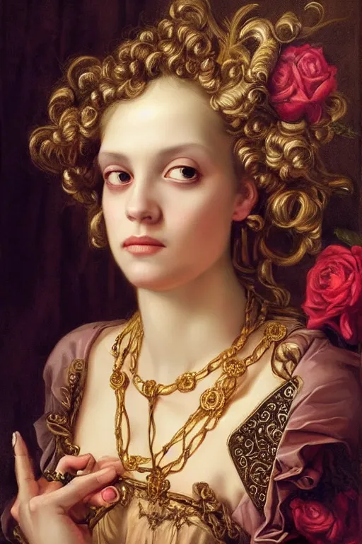 Prompt: hyper realistic painting portrait of the princess of roses, occult diagram, elaborate details, rococo, baroque, gothic, intrincate ornaments, gold decoration, caligraphy, occult art, illuminated manuscript, oil painting, art noveau, in the style of roberto ferri and gustav moreau