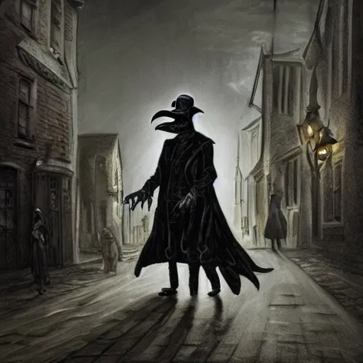 Image similar to a plague doctor walks through a Victorian city, dark atmosphere, detailed, dark Colors