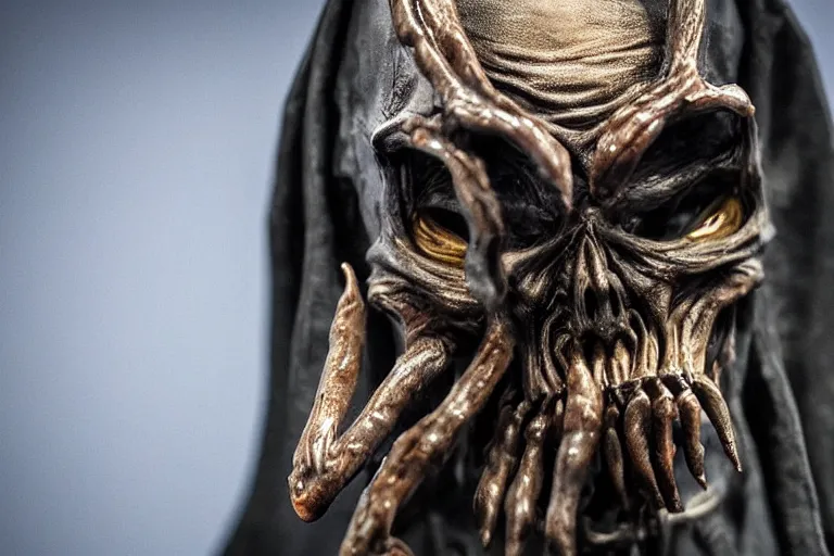 Prompt: photo taken of an epic intricate, ultra detailed, super realistic sculpture of a nightmarish hellish demonic hooded grim reaper on display in a workshop, created by weta workshop, zoomed in shots, photorealistic, sharp focus, f 0. 4, face centred, macro photography, golden ratio, golden hour