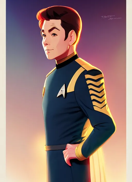 Image similar to cute star trek officer luke thomas, natural lighting, path traced, highly detailed, high quality, digital painting, by don bluth and ross tran and studio ghibli and alphonse mucha, artgerm