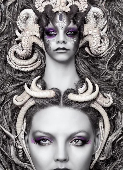 Image similar to a portrait medusa by candy makeup, photorealistic, intricate details, hyper realistic, fantasy, elegant, baroque, horn, ram skull headpiece, photorealistic, photography, symmetrical features, symmetrical pose, wide angle shot, feet on the ground, wearable art, unreal engine