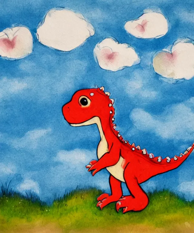 Prompt: a cute little dinosaur, water painting, heart - shaped clouds