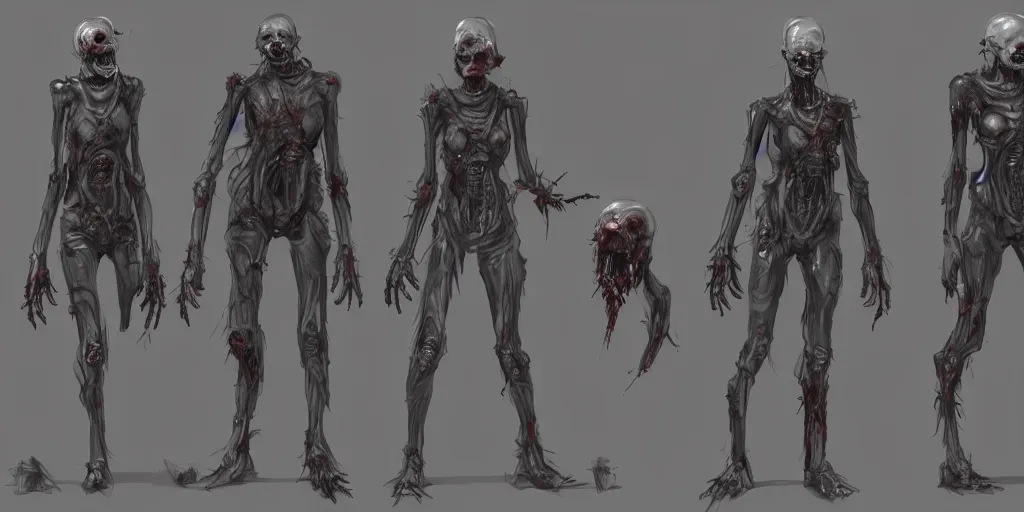 Prompt: sci - fi zombie character concept design ， character design sheet, trending on artstation