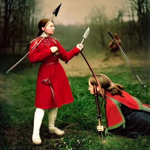 Image similar to Joan of Arc fighting an English Redcoat soldier, colour war photography by Annie Leibovitz