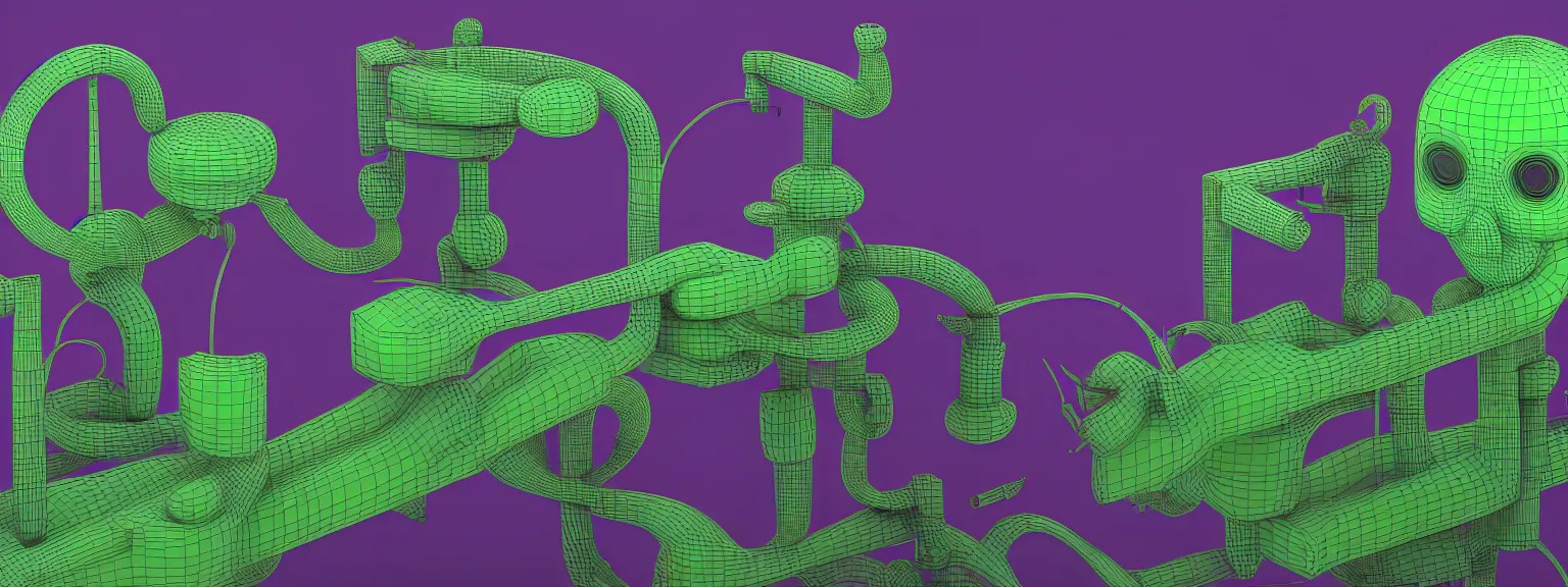 Image similar to a machine for making snake oil, purple and green, highly technical, art by glenn fabry and ed roth, 3 d rendering by beeple, fine detail, 8 k, snake machine