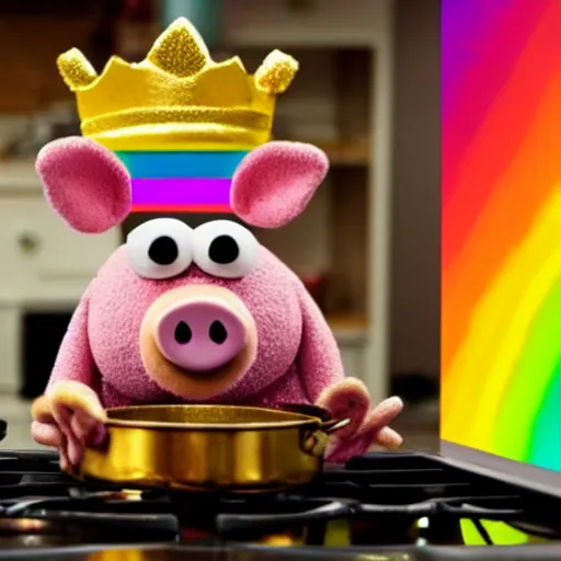 Image similar to rainbow pig wearing a gold crown as a Muppet cooking on stove 8k