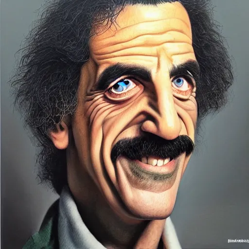 Image similar to Caricature portraits done of Frank Zappa, realistic, hyperrealistic, very realistic, highly detailed, very detailed, extremely detailed, detailed, oil painting, digital art, trending on artstation