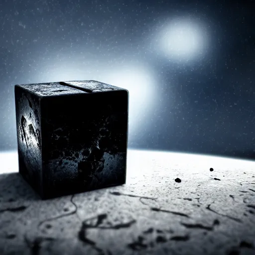 Image similar to a scratched dull metal cube floating above a dark alien moonscape, moody, atmospheric, epic, cinematic