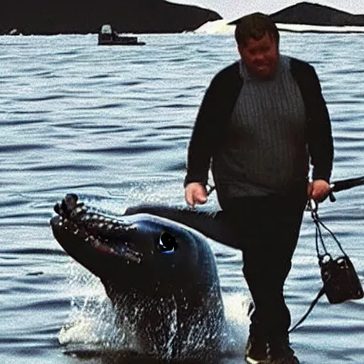 Prompt: “A photo of a man walking a whale on a leash like a dog”