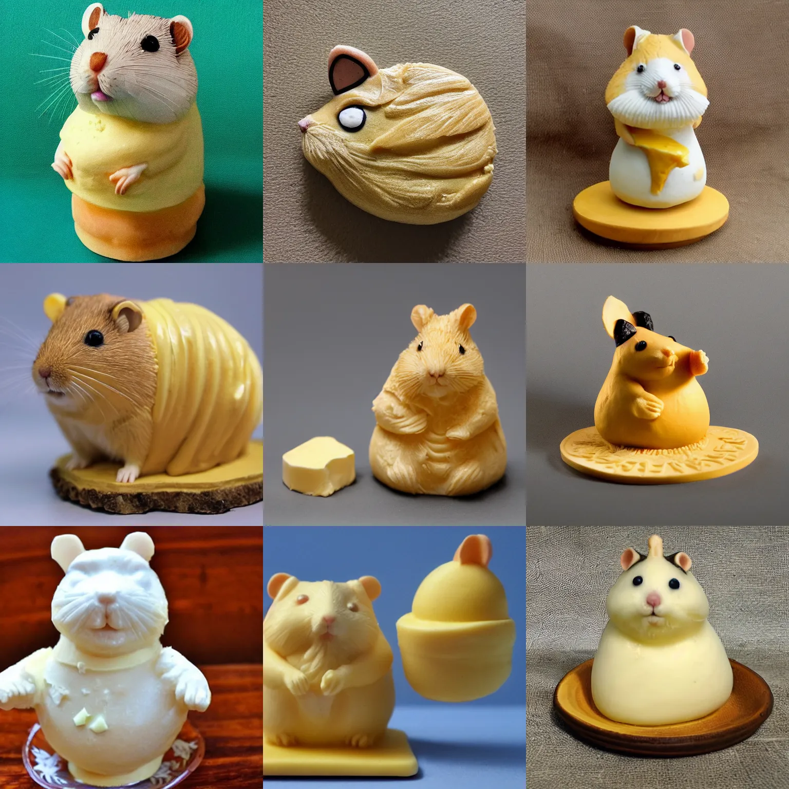 Prompt: butter sculpture of a hamster wizard